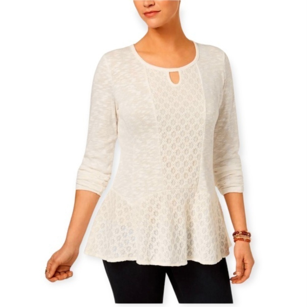 Style & Co Petite Medium Lace Peplum Top Blouse Sweater Winter White Color